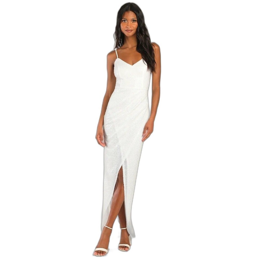 Lulus Forever Your Girl White Sequin Faux Wrap Bodycon Maxi Dress Wedding Small